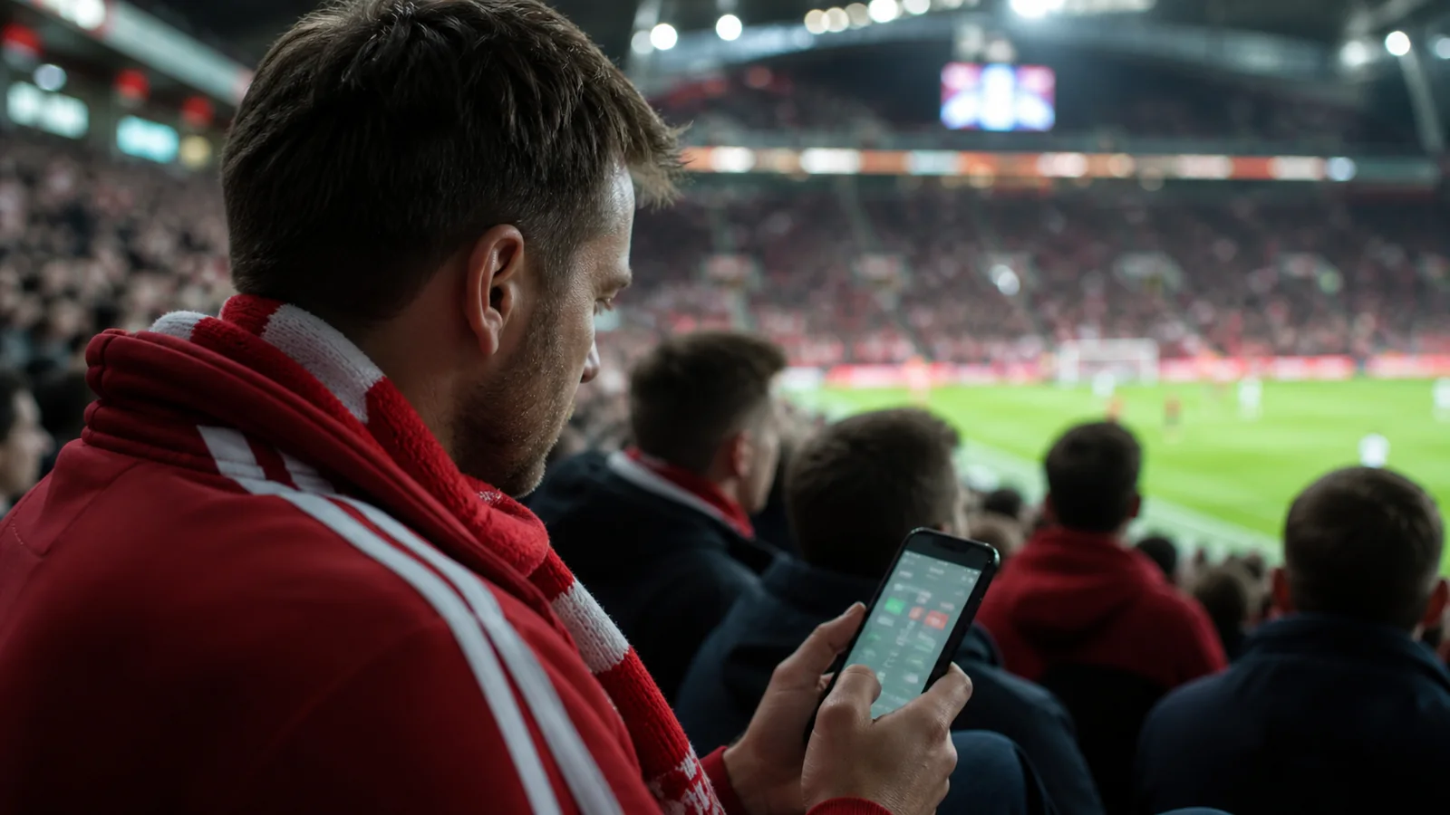 Voksen fan bruger BetLabel-appen under en live fodboldkamp