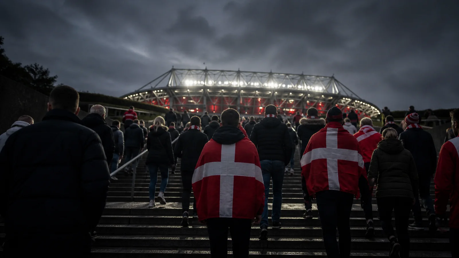 Voksne fans går mod de oplyste tribuner på et BetLabel-stadion i Danmark