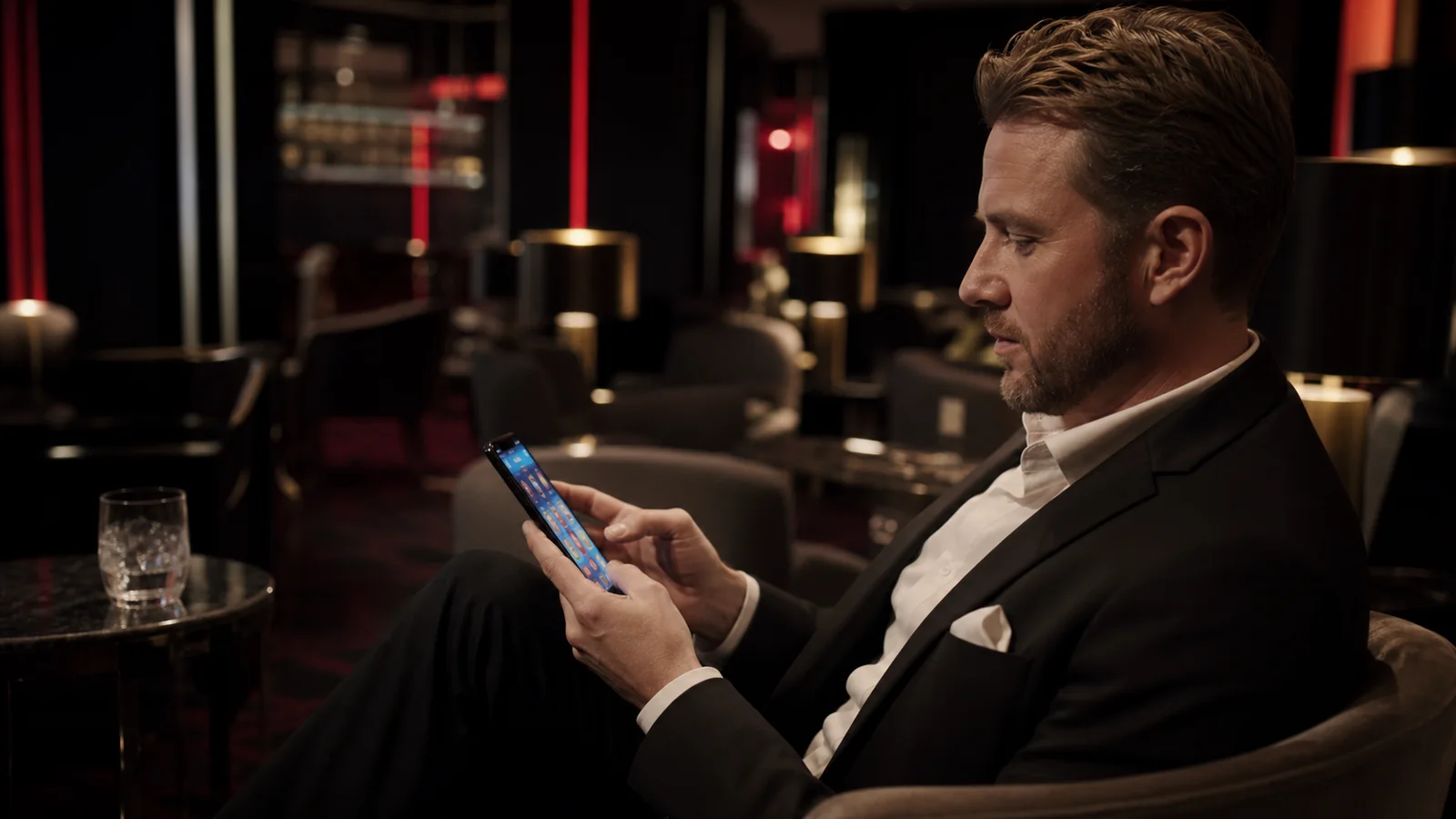 Voksen gæst udforsker BetLabel-spil på en smartphone i en dansk kasinolounge