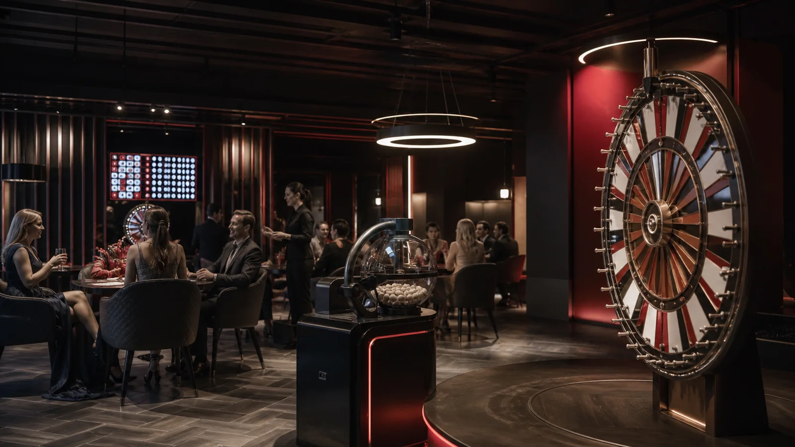 Voksne gæster ved et moderne spillehjul i en dansk kasinolounge
