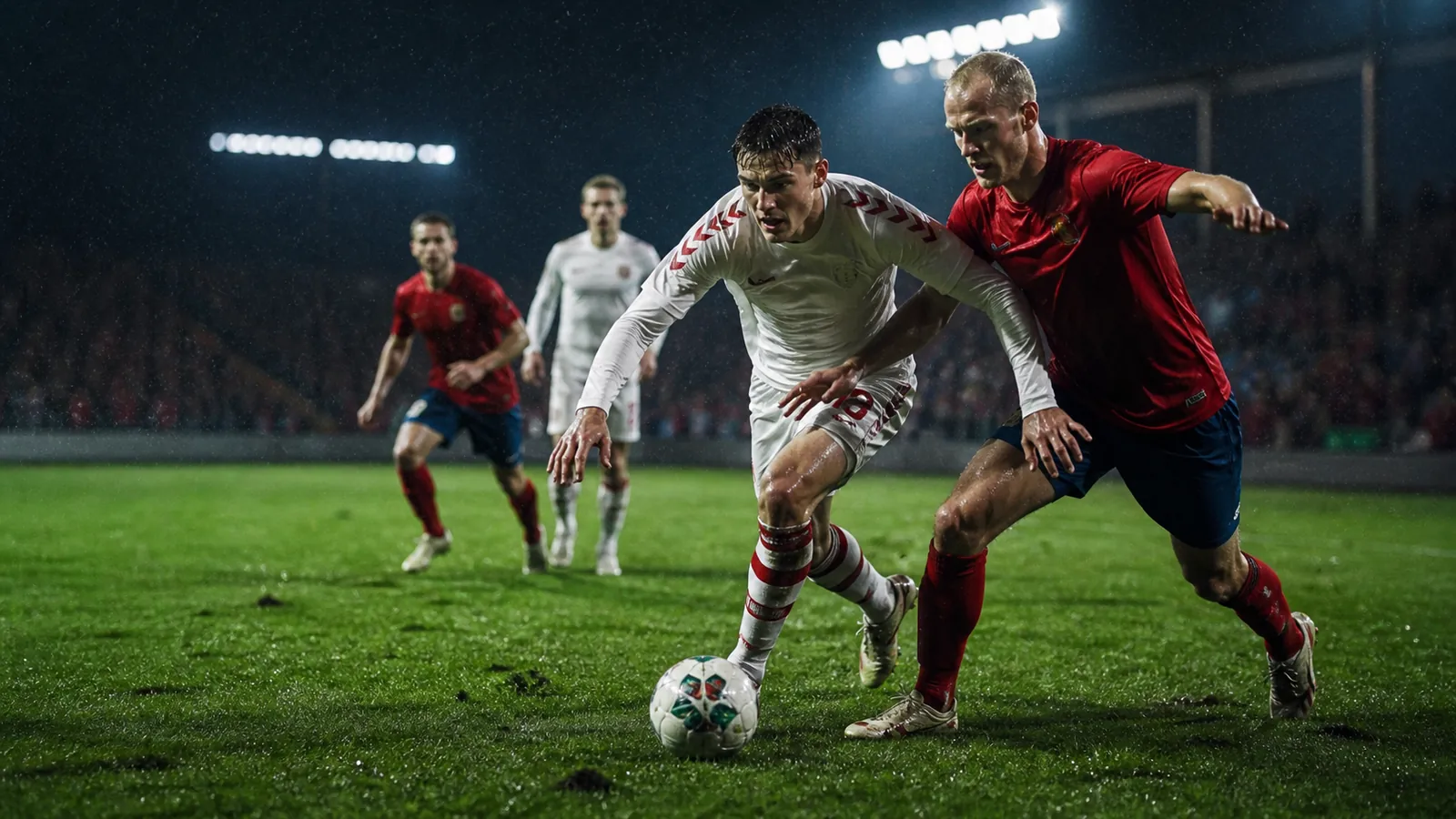 Fodboldkamp i Danmark fotograferet fra baneniveau