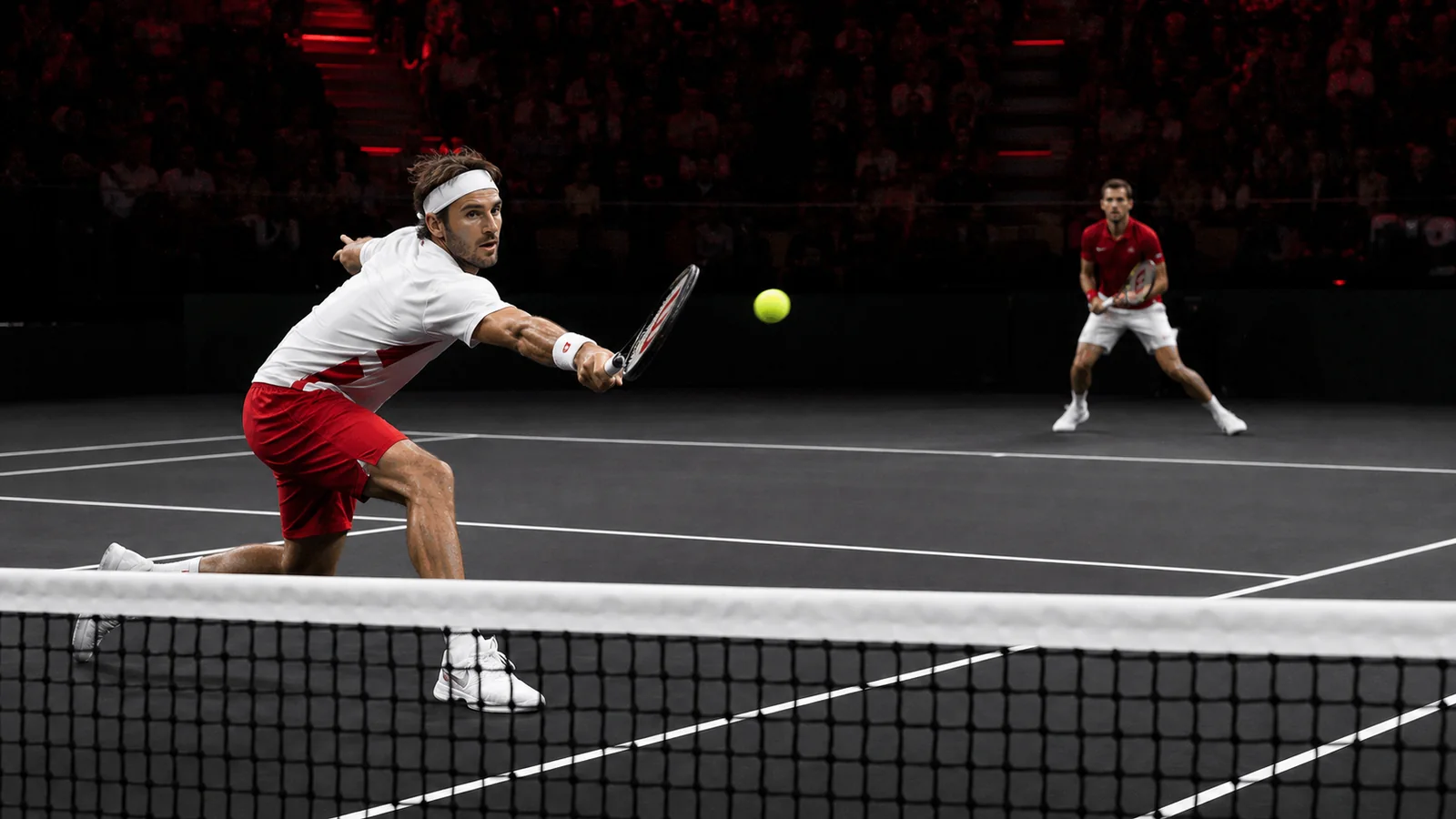 Voksne tennisspillere spiller en aftenkamp i Danmark