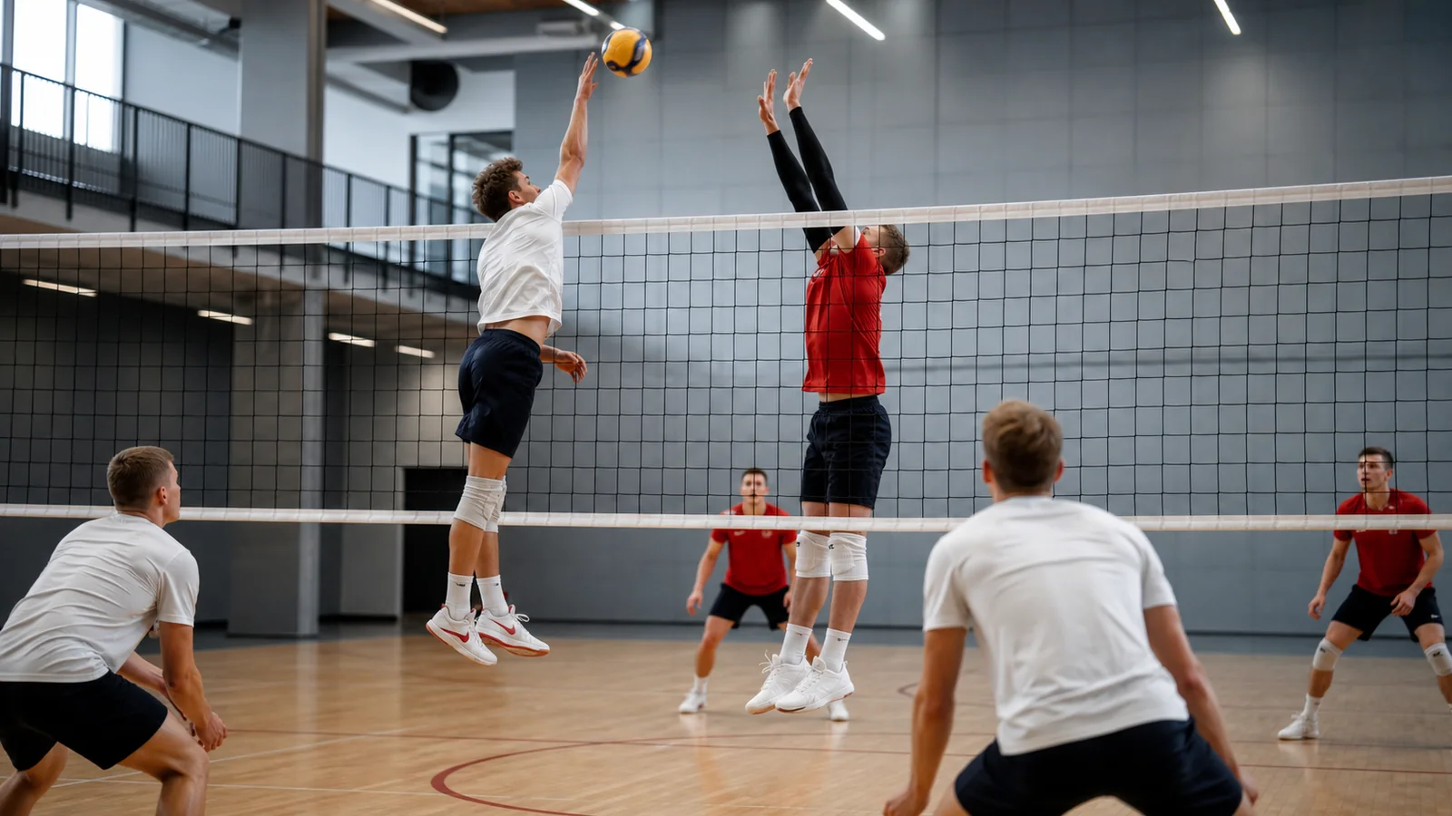 Voksne volleyballspillere ved nettet i en dansk sportshal
