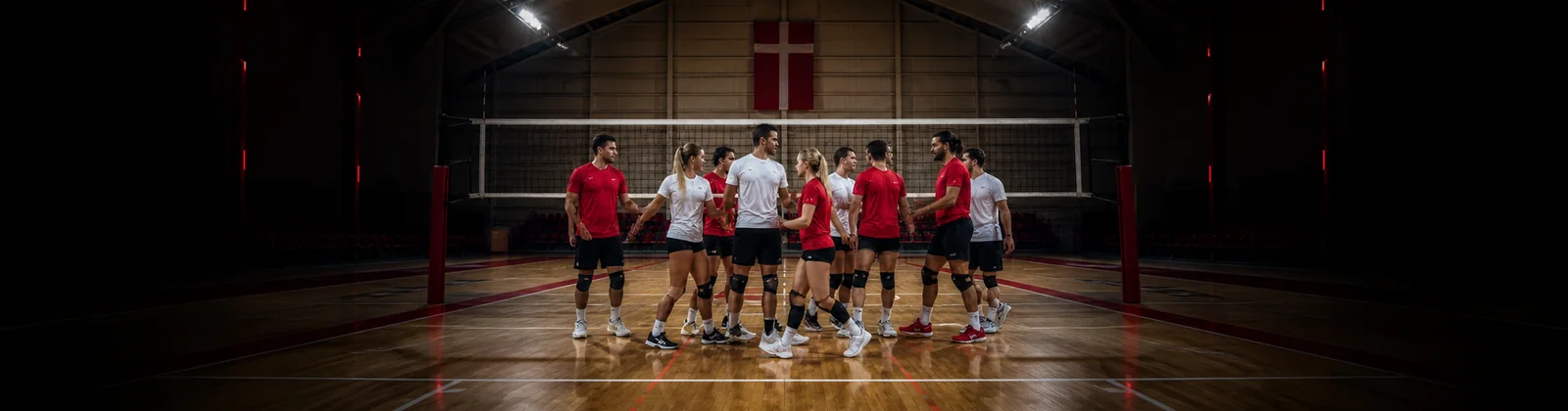 Voksne volleyballspillere ved nettet i en dansk sportshal